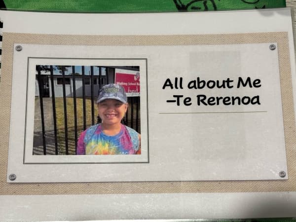 Te Rerenoa’s communication book about her for teachers and students.