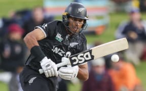 New Zealand's Rachin Ravindra bats during the second one-day international (ODI) cricket match between New Zealand and England at Seddon Park in Hamilton on October 29, 2025. (Photo by DJ MILLS / AFP)