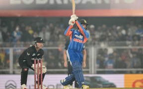 India's Abhishek Sharma plays a shot against New Zealand. 2026.