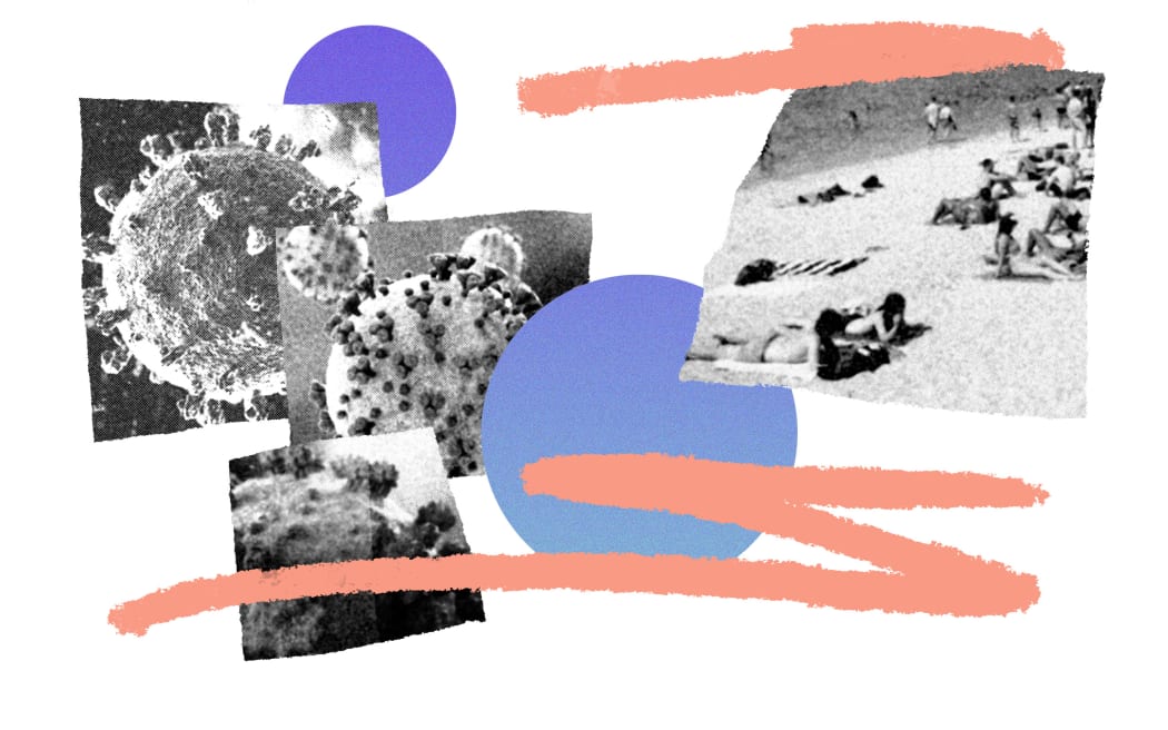 Collage of Covid molecules and sunbathers on beach