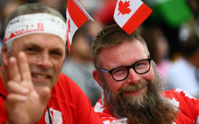 Canada supporters pose   prior to the  Japan 2019 Rugby World Cup Pool B match between Italy and Canada at the Fukuoka Hakatanomori Stadium in Fukuoka on September 26, 2019.
