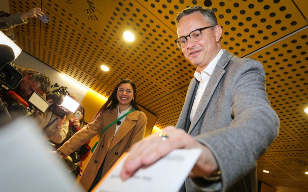 Green Party co-leader James Shaw casting his ballot at Victoria University of Wellington on 2 October, 2023.