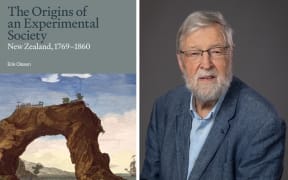 A composite image showing the cover of the book 'The Origins of an Experimental Society: New Zealand, 1769-1860' on the left, and a photo of author Erik Olssen on the right.