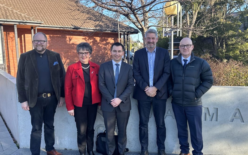 North Canterbury mayors Dan Gordon (Waimakariri, left), Marie Black (Hurunui) and Craig Mackle (Kaikōura, second from right), met with Local Government Minister Simeon Brown (centre) and Waimakariri MP Matt Doocey on Friday. Photo: supplied by Waimakariri District Council