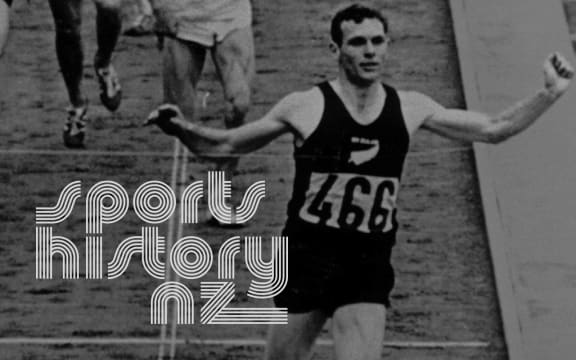 Peter Snell, arms raised crossing the finish line at the Olympic Games. The words 'Sports History NZ' are overlaid in a striped font.