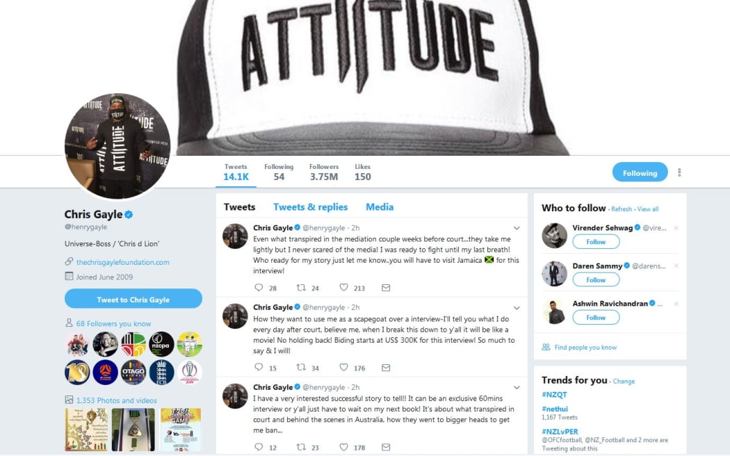 Chris Gayle has taken to Twitter to try and sell his story over his court case.