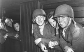 US marines on board a train which is to take them to their camp at Paekākāriki. 14 Jun