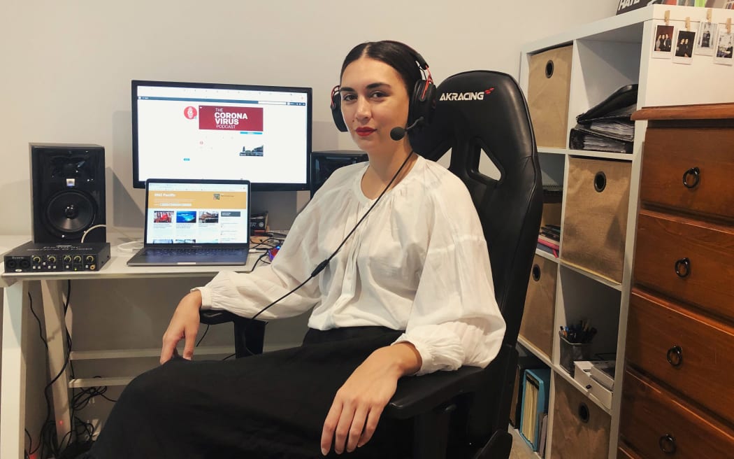 Leilani Momoisea working from her husband's gaming chair during the Covid-19 lockdown.