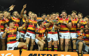 Waikato celebrate their win in the 2018 Mitre 10 Cup Championship final.