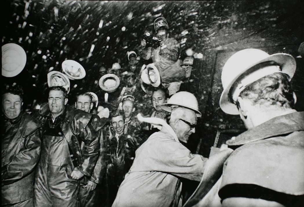 The ceremonial blast made through the Manapouri Power Station's tailrace in 1968.