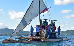 Fijian Prime Minister Frank Bainimarama aboard a drua - a Fijian ocean-going canoe with the leaders of two of the most climate-vulnerable Pacific nations - President Taneti Maamau of Kiribati and Prime Minister Enele Sopoaga of Tuvalu.