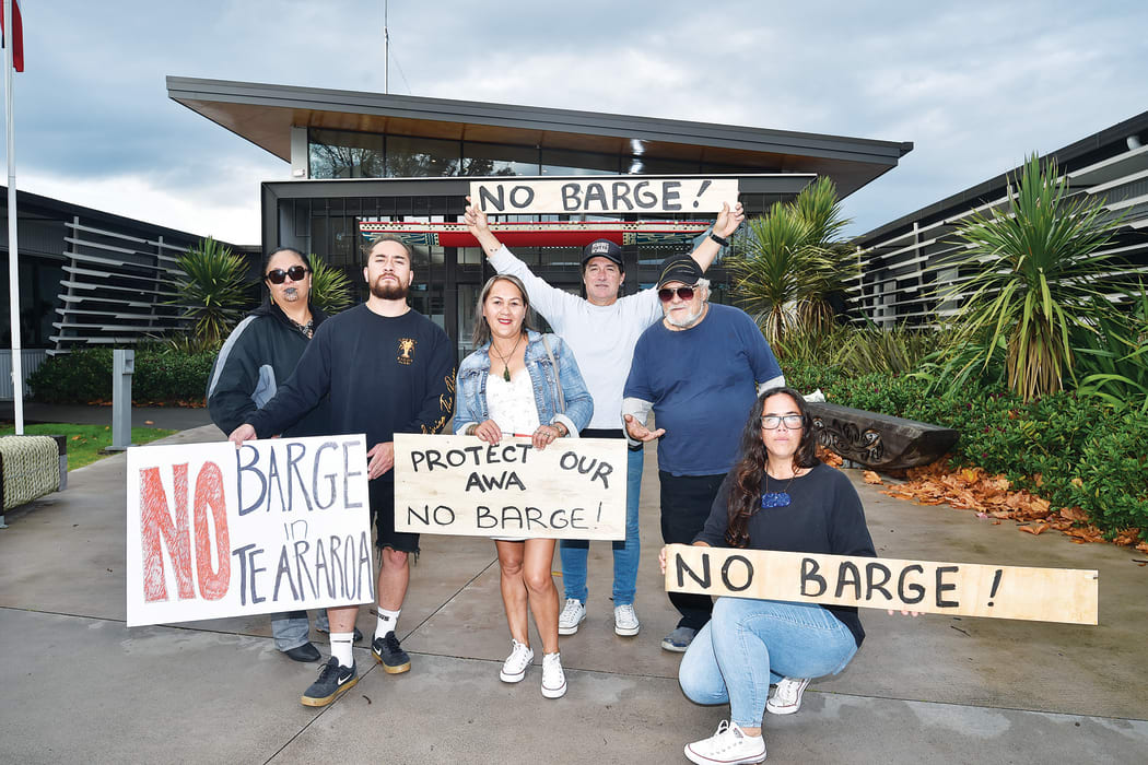 Protesting the barge at Gisborne District Council yesterday from left, Ani Pahuru-Huriwai, Dion Aupouri-Akuhata, Noleen Brooking, Jason Akuhata-Brown, Buzby Akuhata and Ripeka Irwin.