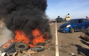 Tires were set alight during the protest against the controversial Dakota Access pipeline.