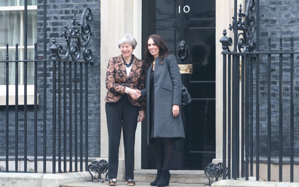 British prime minister Theresa May meets New Zealand prime minister Jacinda Ardern at No. 10 Downing Street in London.