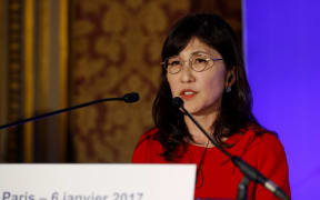 Japanese Defence Minister Tomomi Inada addresses a press conference following a Franco-Japanese political-military dialogue meeting on January 6, 2017 in Paris.