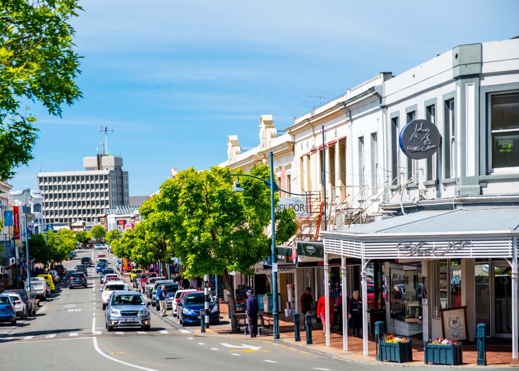2018 Nov 2nd, New Zealand, Timaru, View of the town building and people in the morning.