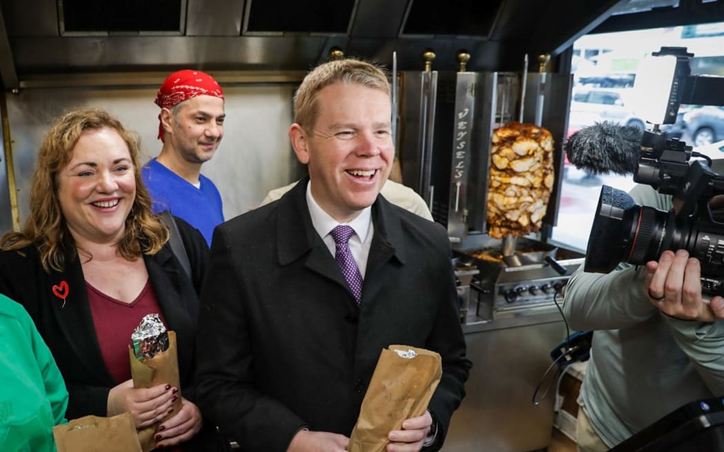 Labour leader Chris Hipkins, with Nelson candidate Rachel Boyack, visits a food business as part of his election campaigning in Nelson on 11 September, 2023.