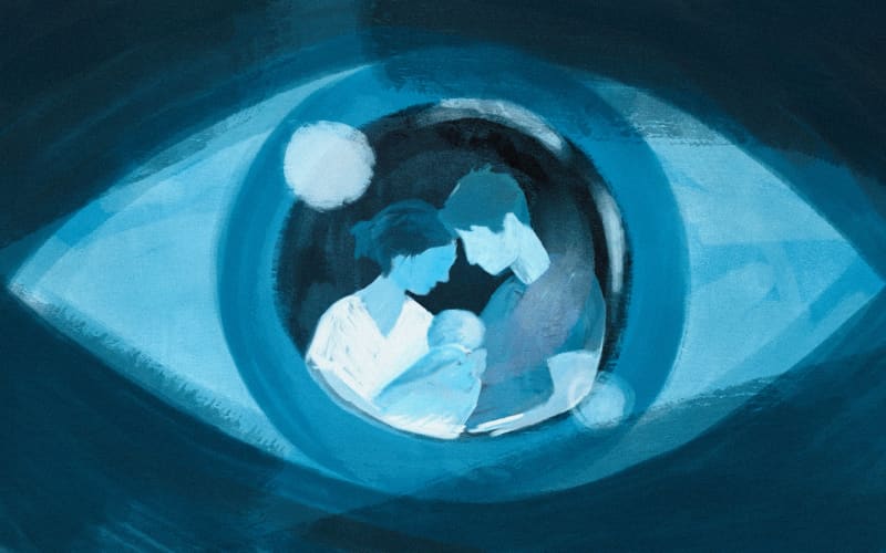 Stylised illustration of a couple with newborn baby reflected in the pupil of an eye