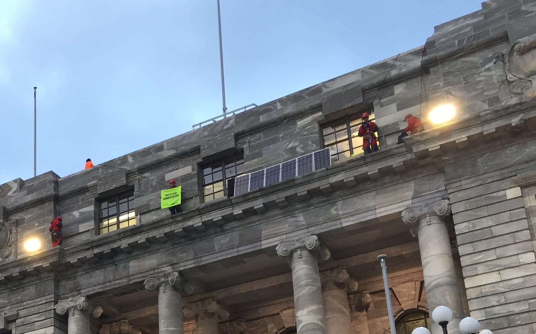 Protesters took solar panels onto the roof of Parliament Buildings.
