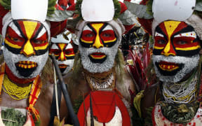 Nebilyer warriors march towards the 50th Goroka singsing (cultural show) in what is believed to be the largest gathering of indigenous tribes in the world in 2006. Over 90 tribes from all over PNG gathered in Goroka.