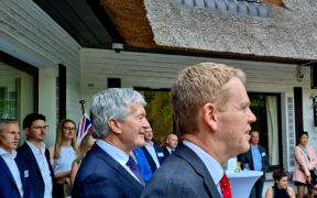 Welcome for PM Chris Hipkins and and Agriculture Minister Damien O'Connor at NZ Embassy in Brussels, Belgium on 9 July, 2023.