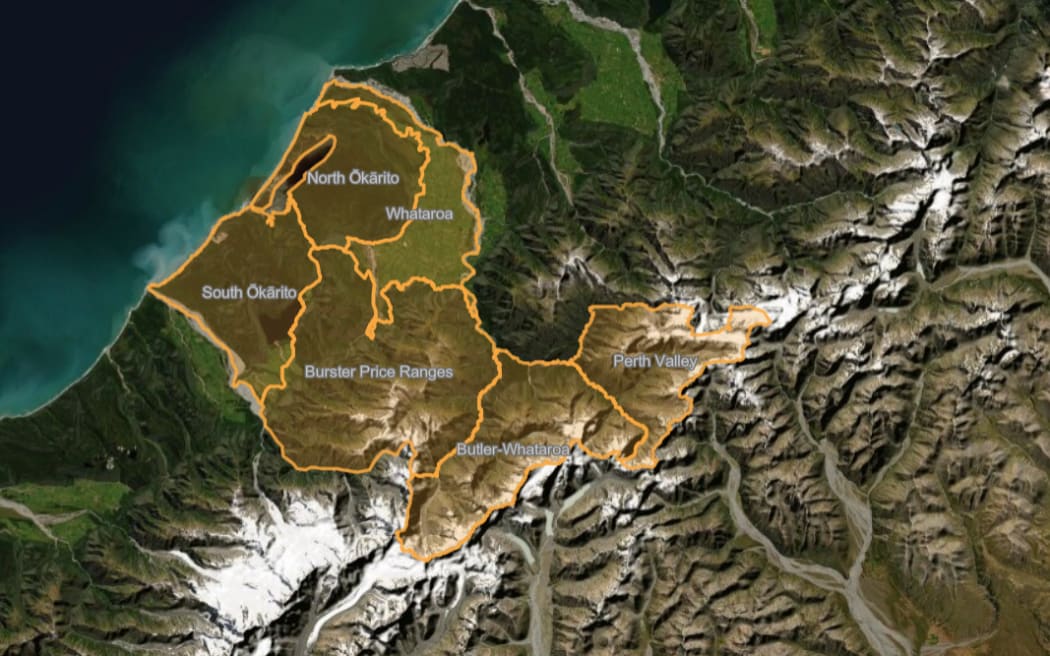 The ZIP 100,000ha Predator Free 2050 project site in South Westland, bordering Whataroa to the northwest, and Franz Josef Glacier to the southeast. The original Perth River Valley project block is gradually being expanded, as shown. The project area has been broken down into manageable blocks to progress the predator free area.
