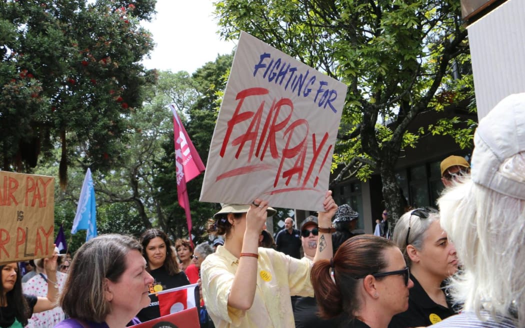 Protesters against changes to Fair Pay Agreements in Auckland, 11 December 2023.