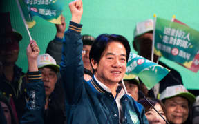 Taiwan, New Taipei, january 5 2024, William Lai (Lai Ching-Te) makes a victory sign during a meeting of the Democratic Progressive Party on the occasion of the campaign for the Taiwanese presidential election of 2024. Photograph by Jimmy Beunardeau / Hans Lucas. Taiwan, New Taipei, 5 janvier 2024, William Lai (Lai Ching-Te) fait un signe de victoire lors d un meeting du Parti democrate progressiste a l occasion de la campagne pour l election presidentielle taiwanaise de 2024. Photographie de Jimmy Beunardeau / Hans Lucas. (Photo by Jimmy Beunardeau / Hans Lucas / Hans Lucas via AFP)