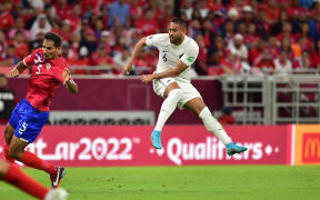 Bill Tuiloma takes a shot during New Zealand All Whites v Costa Rica, FIFA World Cup 2022 play-off match at Ahmad Bin Ali Stadium, Qatar on 14 June 2022.
 © Photo: Tom Kirkwood/www.photosport.nz