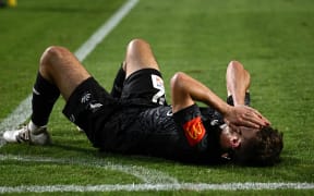 Sam Sutton of the Phoenix reacts following his team’s loss to Central Coast Mariners in Gosford.