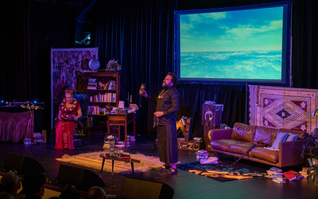Karlo Mila and Daren Kamali onstage at the Gala Night opener to the 2021 Going West Festival