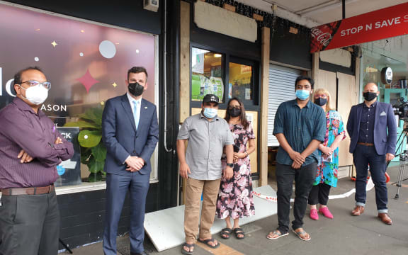 From left: Kalpesh Patel, owner of Hilltop Superette, ACT Party leader David Seymour, Stop-N-Save Superette owners Dave Kumer and Sumi and staff member, Parnell Business Association manager Cheryl Adamson, Newmarket Business Association chief executive Mark Knoff-Thomas.