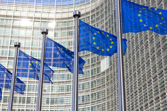Flags in front of the EU Commission building in Brussels.