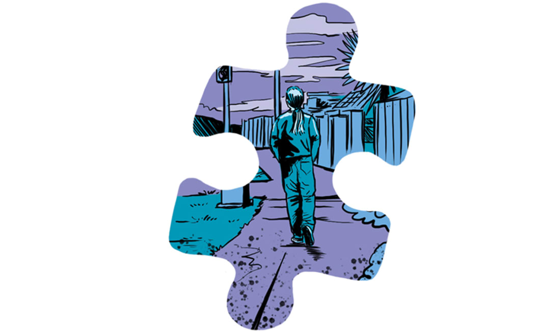 Dark graphic novel style illustration of teenager wandering alone at night framed in a puzzle piece