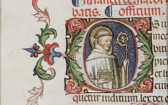 St Bernard of Clairvaux holding a crozier and a book. Illuminated manuscript, 1300-1500, National Library of the Netherlands