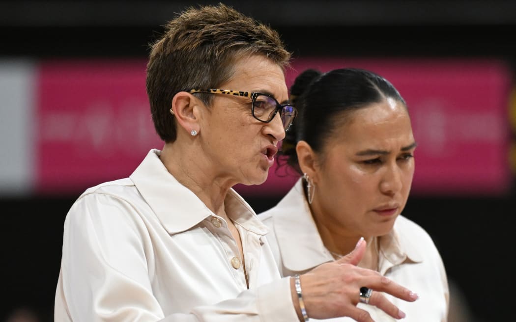 Interim coach Yvette McCausland-Durie (L) dissects the game with assistant coach Liana Leota following the Silver Ferns win over South African in game one of the Taini Jamison series in Auckland. © Photo: Andrew Cornaga / Photosport