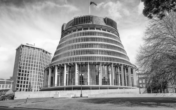 Government buildings including the Beehive on a sunny day. Wellington is one of the major cities of Northern Island.