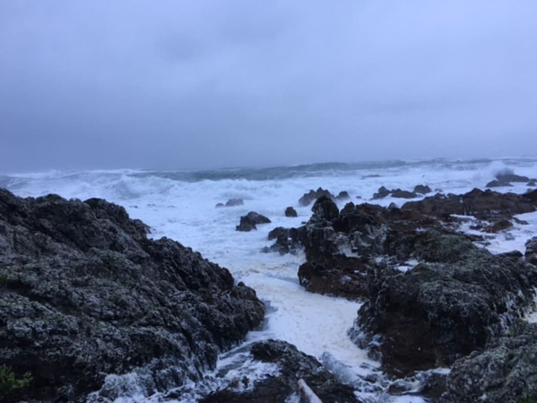 Strong waves batter the coast at Houghton Bay in Wellington.