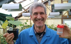 Dr Philip Elmer, holding a sample of the latest bio-bactericide for control of Psa in kiwifruit, and an experimental potted ‘Hayward’ kiwifruit plant that will be used in experiments