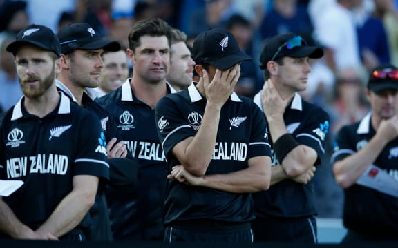 New Zealand cricketers after their loss to England in World Cup final.