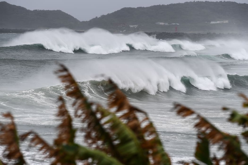 Waves crash on the coast as Typhoon Haishen approaches in Makurazaki, Kagoshima prefecture on September 6, 2020.