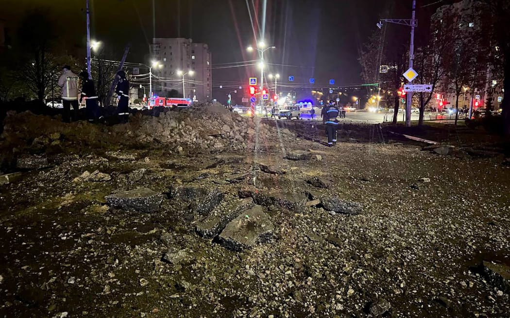 This handout picture posted on April 20, 2023 on the official Telegram account of Belgorod mayor Valentin Demidov shows damage after an explosion in the city of Belgorod near the border with Ukraine.
