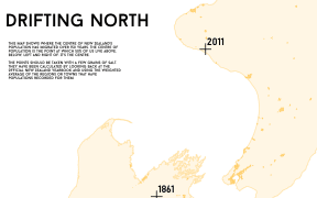 A map showing the centre of New Zealand's population,and the migration from 1861 to 2011