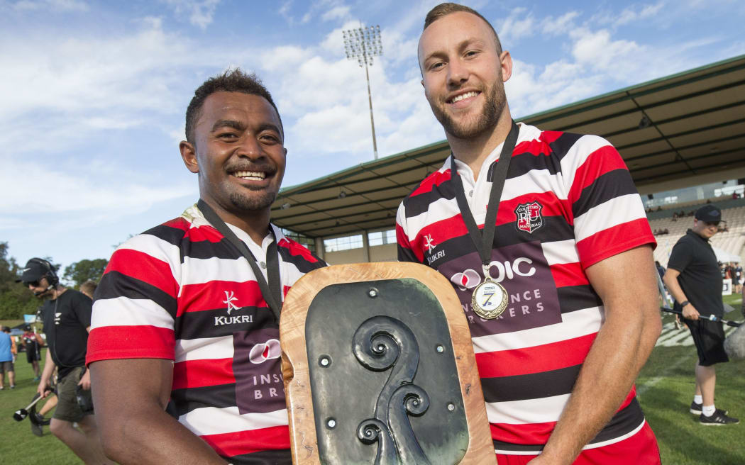 Counties Manakau co-captains, Vuga Tagickibau and Joshua Van Leishout with the trophy. January, 2016.