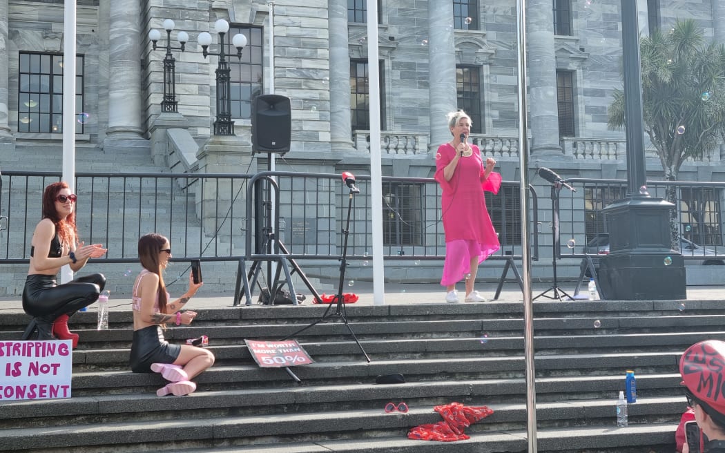 Green MP Jan Logie addresses the crowd outside Parliament.