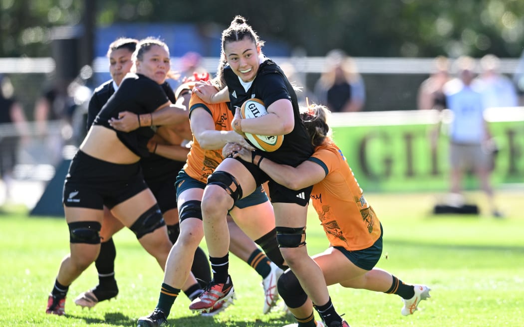 Maiakawanakaulani Roos (centre) of the Black Ferns in action during the Women's Internationals Rugby Union match between Australia Women and New Zealand Women at Ballymore Stadium in Brisbane, Sunday, July 14, 2024. (AAP Image/Darren England / www.photosport.nz) NO ARCHIVING, EDITORIAL USE ONLY