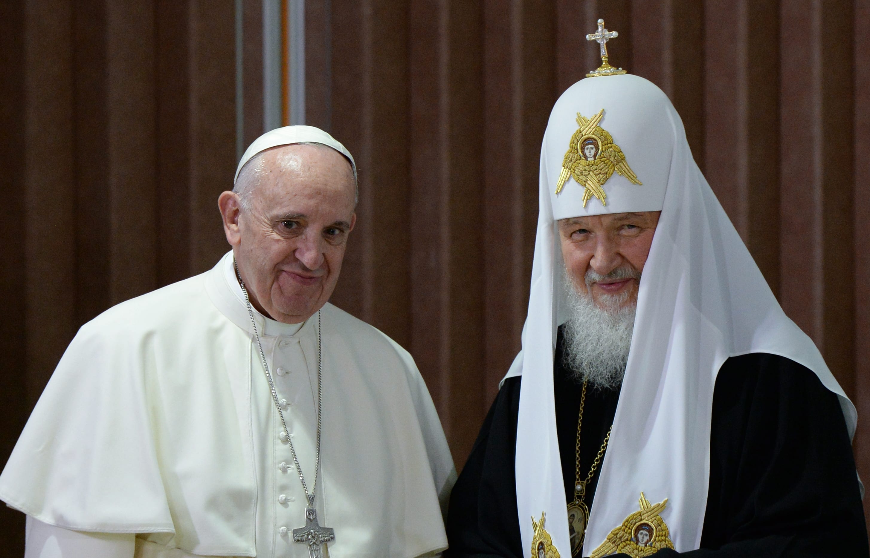 Patriarch Kirill of Moscow and All Russia, right and Pope Francis of Rome.