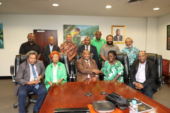 Prime Minister James Marape, sitting middle, congratulating Francesca Semoso, sitting second from right, with Pangu Pati executives and MPs while endorsing her as a candidate for North Bougainville in June 2023.