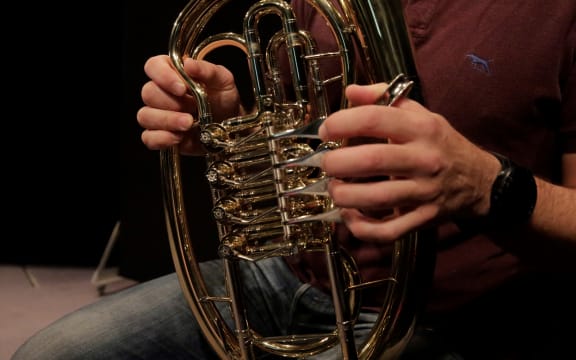 A close up of a Wagner tuba