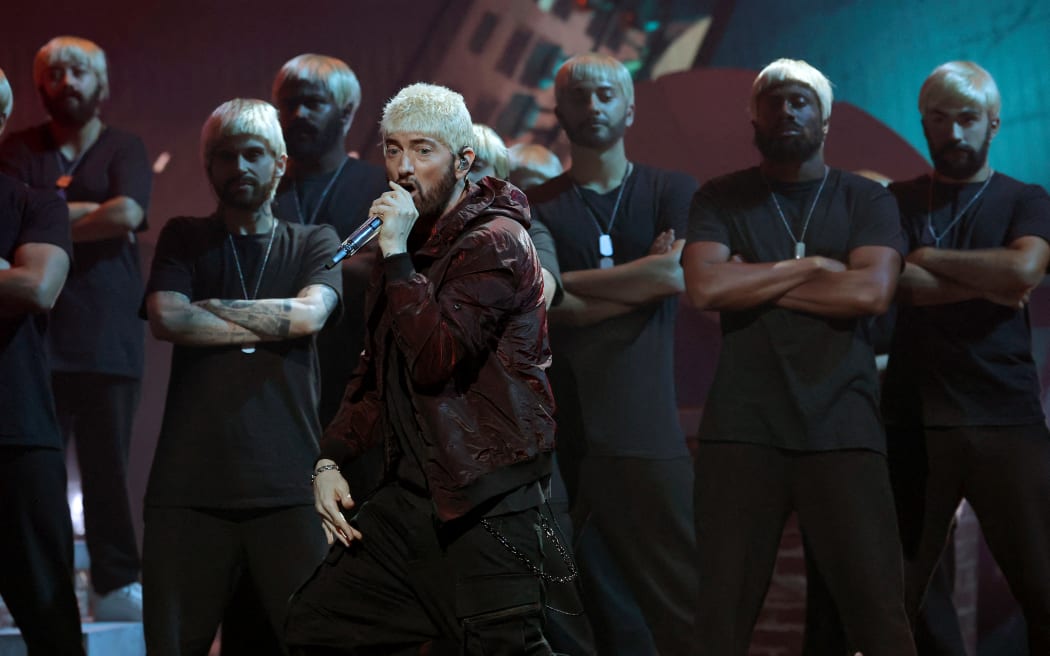 Eminem performs on stage during the 2024 MTV Video Music Awards at UBS Arena on September 11, 2024 in Elmont, New York.